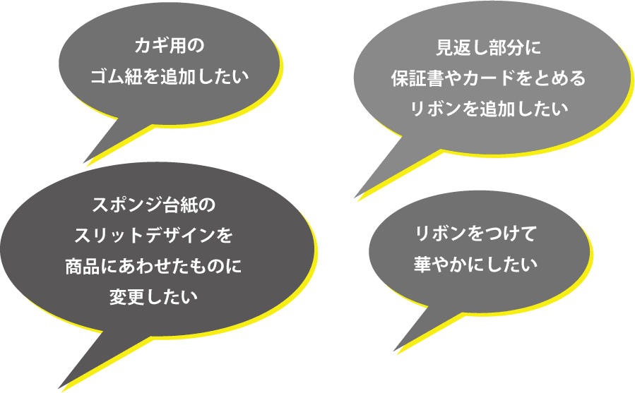 カギ用のゴム紐を追加したい/スポンジ台紙のスリットデザインを商品にあわせたものに変更したい/見返し部分に保証書やカードをとめるリボンを追加したい/リボンをつけて華やかにしたい/こういったご相談にも対応しております。まずはお気軽にご相談ください。